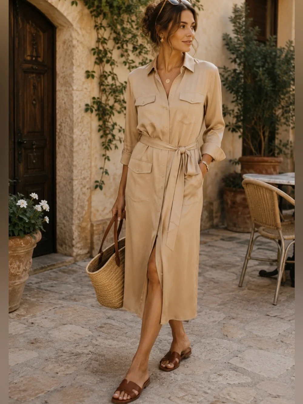 Zara Studio Safari Shirt Dress Tan Midi Belted Utility Quiet Luxury Sz XS